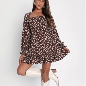 Lulu's Chocolate Brown Dress with Cream Floral Design